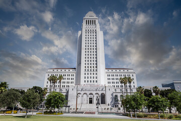 Morning view of the historic Los Angeles city hall building Spring Street entrance in Southern...