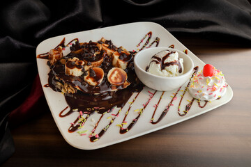 Chocolate Banana pancake with ice cream