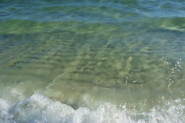 Small green waves near the shore of the ocean, the bottom is clearly visible through the clear water, close shooting