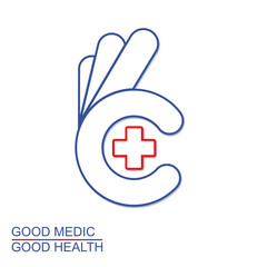 Obraz premium Modern Good Health Medic Logo Template Design. Ok hand symbol with cross. Okey symbol, vector