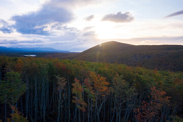Vista aerea del bosque y montañas en otoño. Tierra de escape.