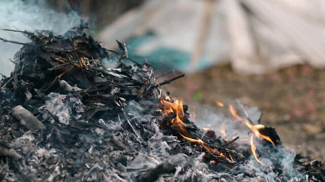 A pile of gray ash on which a slight orange flame burns and the wind blows smoke from the fire on a cloudy day