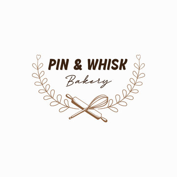 Rolling Pin And Whisk With Wreath Hand Drawn Logo Design Template