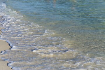 Ocean green wave, white wave foam and wet beach sand, close up