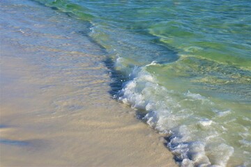 On the beach - ocean water, yellow sand, white foam on the water, close-up