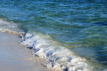 Waves from the ocean seethe and foam on the shore, forming white lambs and foam, close up