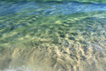 Small green waves near the shore of the ocean, the bottom is clearly visible through the clear water, close shooting