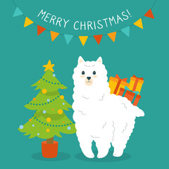 Alpaca and Christmas tree, greeting card. Funny flat cartoon white character with boxes gifts. Cute smiling animal. Llama winter illustration, poster Merry christmas vector