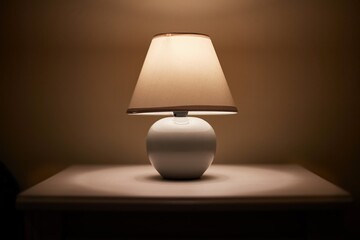 Small lamp glowing in bedroom night stand, close up, dim room