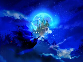 Fototapeta na wymiar Wallpaper of Pirate ship and beautiful castle’s silhouette in starry cloudscape