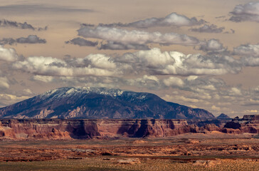 Snow capped mountain in the desert landscape, Wahweap lookout, Page, AZ