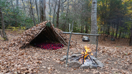 Survival Shelter Debris hut in the wilderness. Bushcraft camp setup in the forest.