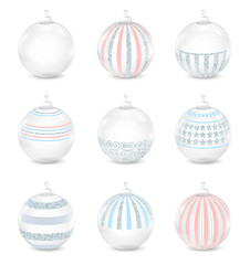 Set of glossy christmas balls with silver glitter, pink, blue colors on white background. 