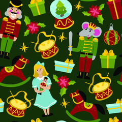 Seamless pattern Nutcracker , Mouse King and Christmas toys clipart. Balls on  Christmas tree, wooden horse, gifts, Christmas tree and drum. Set vector illustration. 
New Year collection print