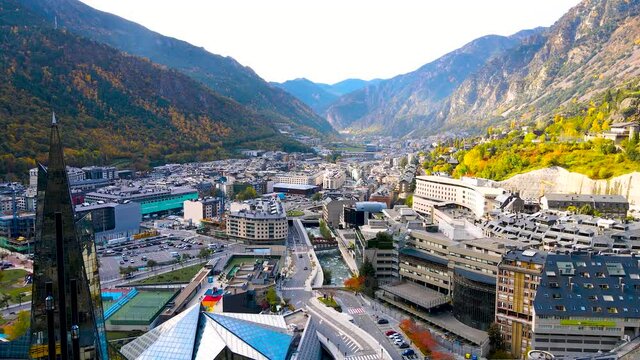 Aerial view of Andorra la Vella, the capital of Andorra, in the Pyrenees mountains between France and Spain