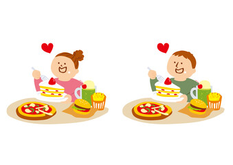 高カロリーな食事をする人物のイラスト