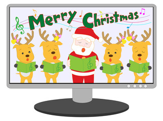 オンラインでクリスマスコンサートをしているサンタクロースとトナカイ。