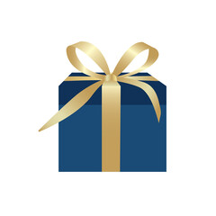 Vector christmas  blue gift box with golden bow.