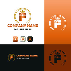 Elegant Construction business Vector Logo concept with Initial P Letter, brick, block and crown element.