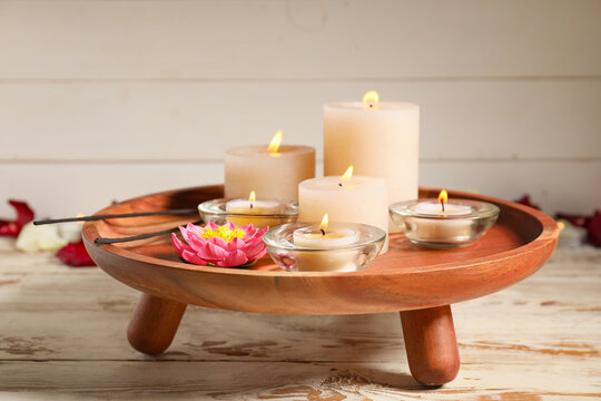 Burning candles for celebration of Divaly on tray