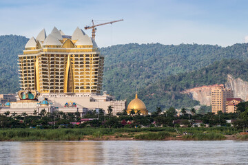 modern building beside the river in evening