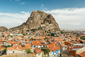 Afyonkarahisar city cityscape with Afyon castle on the rock, Turkey