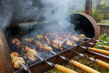 Grilled meat shish kebab on skewers outdoor.