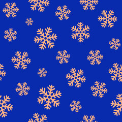 Vector seamless pattern. Gold snowflakes on a blue background. Winter elements and symbol for holidays card, print, events, wrapping paper and textile