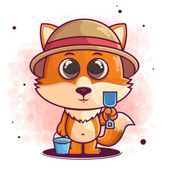 Obraz na płótnie Canvas hand drawn cute fox cartoon with hat, bucket and scoop illustration