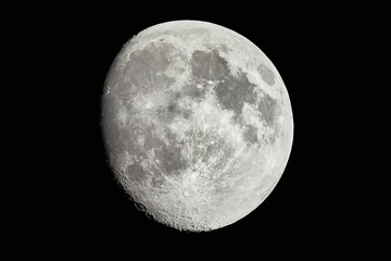 Moon detailed shot, taken at 1600mm focal length, waxing gibbous phase, contrasty details, craters - obrazy, fototapety, plakaty