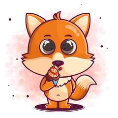 hand drawn cute fox cartoon eat cake illustration