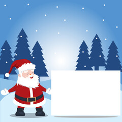 landscape falling snow with pine trees and santa claus standing showing banner for edit
