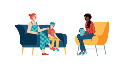 Psychotherapy counseling and treatment stress, addictions, mental and behavioral problems for children. Mother with son at therapy session on psychologist. Vector illustration