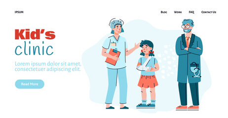 Kids clinic website with pediatrician, nurse and child patient cartoon characters, flat vector illustration. Medical clinic and hospital, trauma treatment for children.