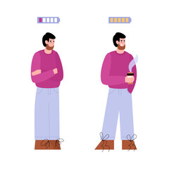 Tired sad guy. Happy cheerful young man with paper cup hot coffee. Battery icon with low and high energy level. Vector illustration isolated on white background