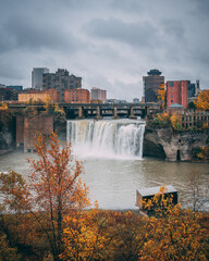 High Falls on the Genesee River with autumn color, in Rochester, New York
