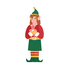 Fabulous Christmas elf holding holiday gift a toy Teddy bear. Magic Santa Claus helper in new year and xmas season. Flat cartoon vector illustration isolated on a white background.