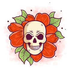 hand drawn skull and flower for tattoo and sticker illustration