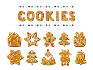 Set of christmas gingerbread. Festive homemade sweets. Santa, gingerbread man, christmas tree, bull, bell, star, house. Vector illustration