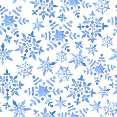 Watercolor hand drawn seamless pattern with blue elegant snowflakes for Christmas new year design wrapping paper textile. Electric blue snow frost pastel invitation celebration. Winter background.