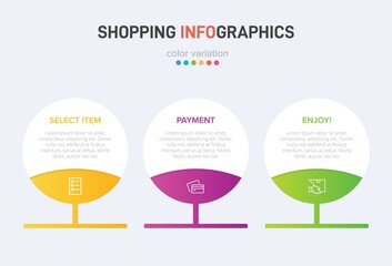 Concept of shopping process with 3 successive steps. Three colorful graphic elements. Timeline design for brochure, presentation, web site. Infographic design layout.