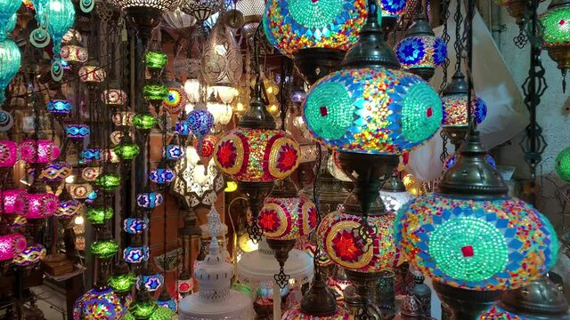 Footage of traditional Ottoman lamps at at historical, touristic Grand Bazaar (Kapalicarsi) in Istanbul. It is one of the largest and oldest covered markets in the world. Culture Concept.