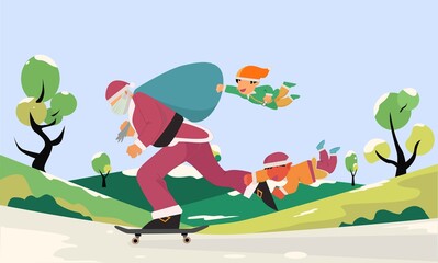 santa claus in mask skating with gift sack with elf  happy new year merry christmas holidays celebration concept  horizontal vector illustration