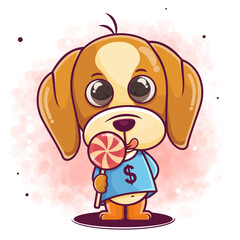 hand drawn cute dog cartoon eat candy illustration