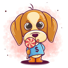 Fototapeta premium hand drawn cute dog cartoon eat candy illustration