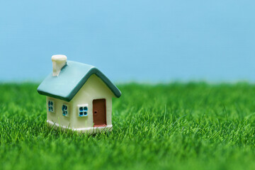 Small toy house on a background of grass and sky.