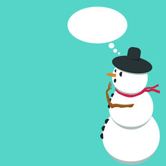 vector a snowman making gestures that imply that he is wondering something with his wooden arm wearing a hat and scarf, with space for text and a thought balloon