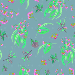 Pink Eucalyptus Blossom with Gumnuts seamless vector repeat pattern