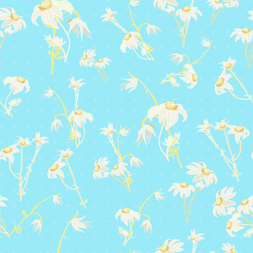 Blue Flannel Flower Vector Repeat Pattern Background With White And Yellow Flowers