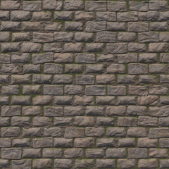 Uneven cracked real stone wall surface with cement and exposed moss. Background of old dirty stones damaged by time. 3D-rendering